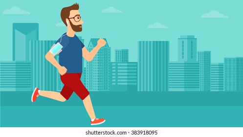 Man jogging with earphones and smartphone.