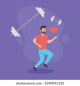 Man jogging with enthusiasm, showcasing healthy lifestyle, surrounded by exercise equipment. Importance of physical fitness for overall well-being concept