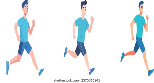 Man is jogging in a flat wearing a blue t-shirt, simple vector illustration