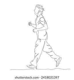 Man jogging. Having wired earphones. Continuous line drawing. Hand drawn black and white illustration in line art style. 