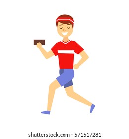 Hombre Haciendo Jogging Mirando La Pantalla Del Smartphone, Persona Que Está En Línea Todo El Tiempo Obsesionada Con El Gadget