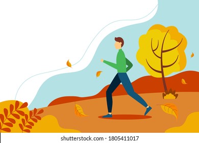 Man jogging in the morning in autumn. Concept illustration for healthy lifestyle, exercising, jogging. Vector illustration in flat style.