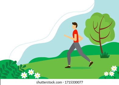 Man jogging in the morning. Concept illustration for healthy lifestyle, exercising, jogging. Vector illustration in flat style.
