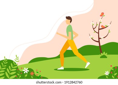 Man jogging in the morning in spring. Concept illustration for healthy lifestyle, exercising, jogging. Vector illustration in flat style.