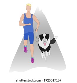 Hombre trotando en el camino con un perro feliz en la correa. Vector plano con línea de borde que corre cerca de aquí. Ilustración vectorial plana.