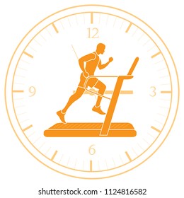 Man jogging on a treadmill and clock. Healthy lifestyle and physical activity.