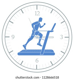 Man jogging on a treadmill and clock. Healthy lifestyle and physical activity.