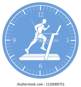 Man jogging on a treadmill and clock. Healthy lifestyle and physical activity.