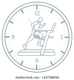 Man jogging on a treadmill and clock. Healthy lifestyle and physical activity.