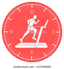 Man jogging on a treadmill and clock. Healthy lifestyle and physical activity.