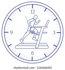 Man jogging on a treadmill and clock. Healthy lifestyle and physical activity.