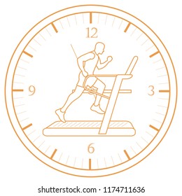 Man jogging on a treadmill and clock. Healthy lifestyle and physical activity.