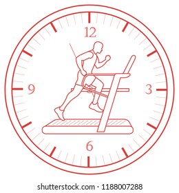 Man jogging on a treadmill and clock. Healthy lifestyle and physical activity.