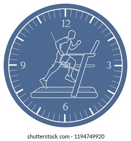 Man jogging on a treadmill and clock. Healthy lifestyle and physical activity.