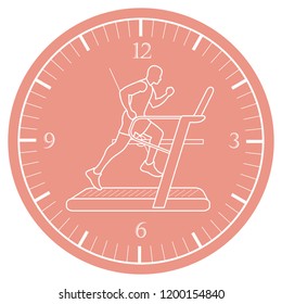 Man jogging on a treadmill and clock. Healthy lifestyle and physical activity.