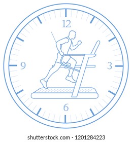 Man jogging on a treadmill and clock. Healthy lifestyle and physical activity.