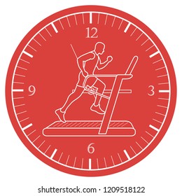 Man jogging on a treadmill and clock. Healthy lifestyle and physical activity.
