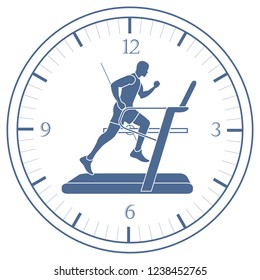 Man jogging on a treadmill and clock. Healthy lifestyle and physical activity.