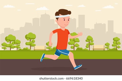 Man Jogging In Park Amid A Big City. Cartoon Illustration Of A R