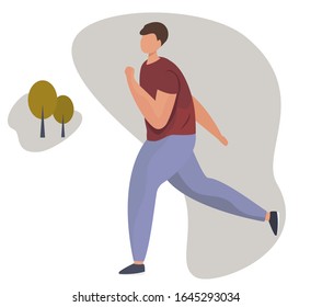Man jogging in park. Boy running in city park. Runner outside jogging, Healthy activity, sport. Trees on grey background. Vector flat illustration