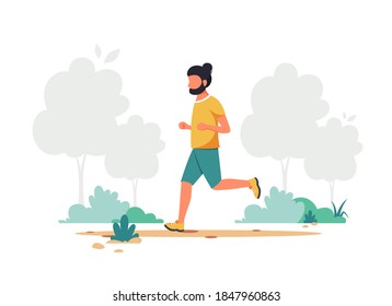 Man jogging in the park. Outdoor activity, healthy lifestyle. Vector illustration.