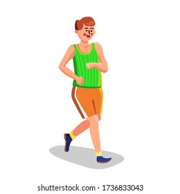 Man Jogging Or Running Sport Exercising Vector. Boy Dressed In Sportswear Jogging, Athletic Sportive Exercise Marathon Run. Character Healthy Active Lifestyle Flat Cartoon Illustration
