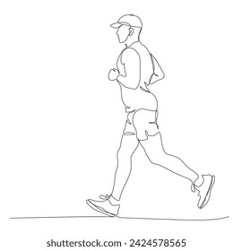 Man jogging or running. Wear cap. Continuous line drawing. Hand drawn black and white vector illustration in line art style.