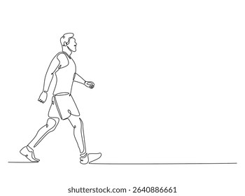 Man jogging in single outline illustration. Continuous line art drawing of running clears the mind of all worries. Editable stroke.
