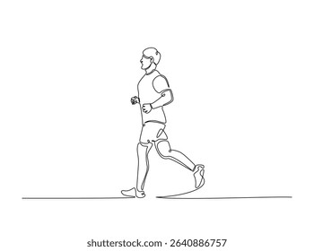 Man jogging in single outline illustration. Continuous line art drawing of running clears the mind of all worries. Editable stroke.