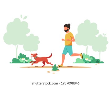 Man jogging in spring park with dog. Outdoor activity, dog walking. Vector illustration.