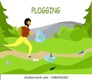 Man jogging with trash in his hand. A man runs and collect garbage in nature. Social movement plogging
