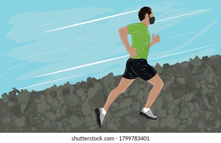 Man jogging wearing mask. Coronavirus prevention - Vector