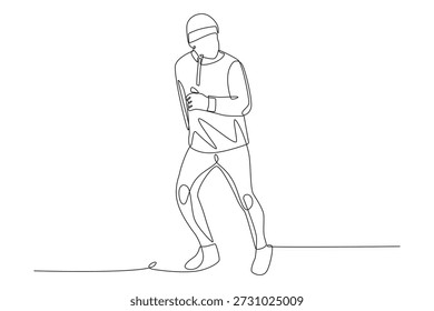 Homem correndo no inverno. Exercícios de inverno ao ar livre desenho de uma linha