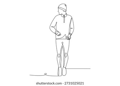 Homem correndo no inverno. Exercícios de inverno ao ar livre desenho de uma linha
