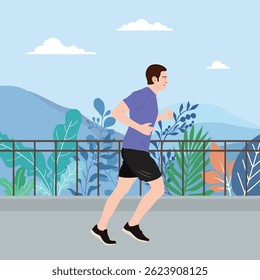 A man jogs on a path surrounded by lush greenery and mountains under a clear blue sky.