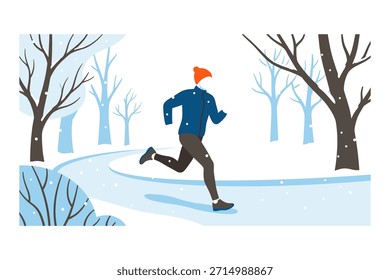 El hombre trota en el camino nevado en el parque de invierno, rodeado de árboles, disfrutando del entrenamiento al aire libre.