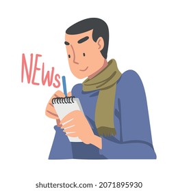 Man Journalist Character in Scarf with Notepad and Pen Gathering News Writing Them Down Vector Illustration