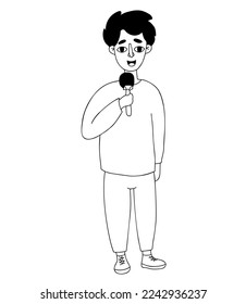 Man journalist leading with microphone. Vector illustration in linear doodle. Conceptual male character, modern profession and journalism, work and reporting, media and television