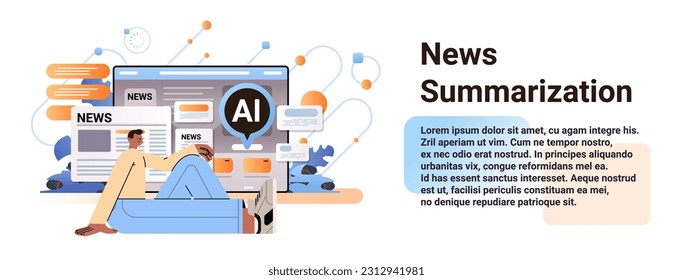 man journalist reading news on laptop screen special report news summarization artificial intelligence concept