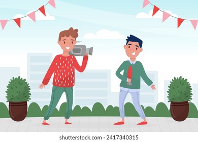 Man Journalist Standing with Cameraman Report News Vector Illustration