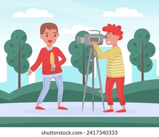 Man Journalist Standing with Cameraman Report News Vector Illustration