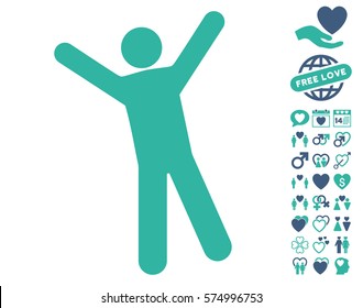 Man Joy icon with bonus dating icon set. Vector illustration style is flat iconic cobalt and cyan symbols on white background.