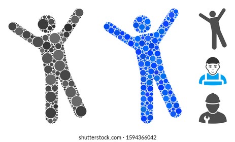 Man joy mosaic of circle elements in variable sizes and color tints, based on man joy icon. Vector round elements are grouped into blue mosaic. Dotted man joy icon in usual and blue versions.