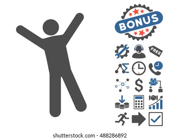Man Joy pictograph with bonus pictogram. Vector illustration style is flat iconic bicolor symbols, cobalt and gray colors, white background.