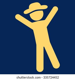 Man Joy vector icon. Style is flat symbol, yellow color, rounded angles, blue background.