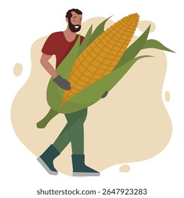 A man with a joyful expression is carrying a huge corn cob. This playful vector illustration showcases humor and creativity, addressing agricultural and whimsical themes.
