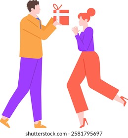 Man joyfully presenting a red gift box adorned with a white ribbon to a surprised woman, who is running with excitement. Colorful flat vector illustration set against a white background