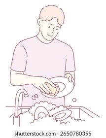 Um homem lava alegremente os pratos numa pia de bolhas fofas, realçando o charme das atividades diárias