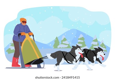 Man Joyously Rides A Sled, Propelled By A Spirited Team Of Dogs, Their Collective Energy Carving Through The Snowy Landscape With Exhilarating Speed And Harmony. Cartoon People Vector Illustration