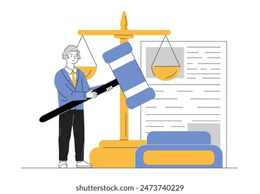 Man judge concept. Young guy with judges gavel in hands against background of scales. Jurisprudence, judgment and justice. Legal support of agreements. Linear flat vector illustration